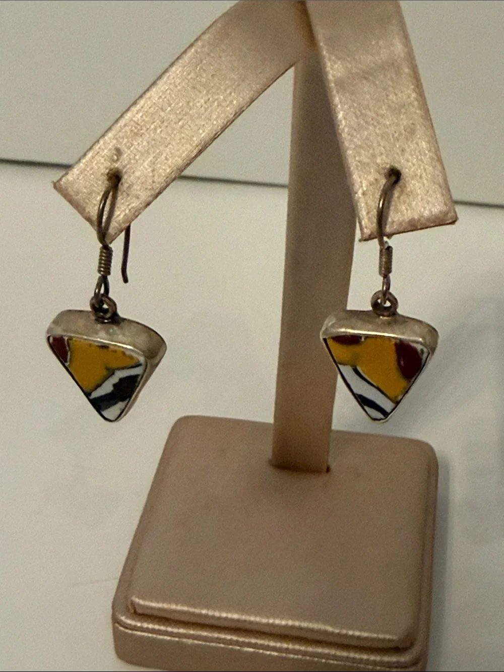 EARRINGS DANGLE DROP PIERCED WIRE STERLING SILVER 925 TRIANGLE POTTERY SLICE